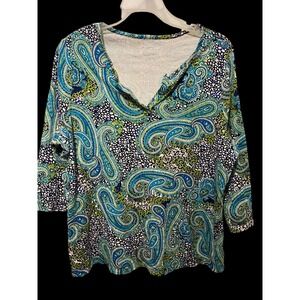 Kim Rogers 1x paisley v neck tee shirt blue aqua top